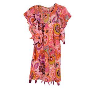 Banjanan Dress Pink Multi Floral Crewneck Flutter Sleeves Tasseled Mini Size XS